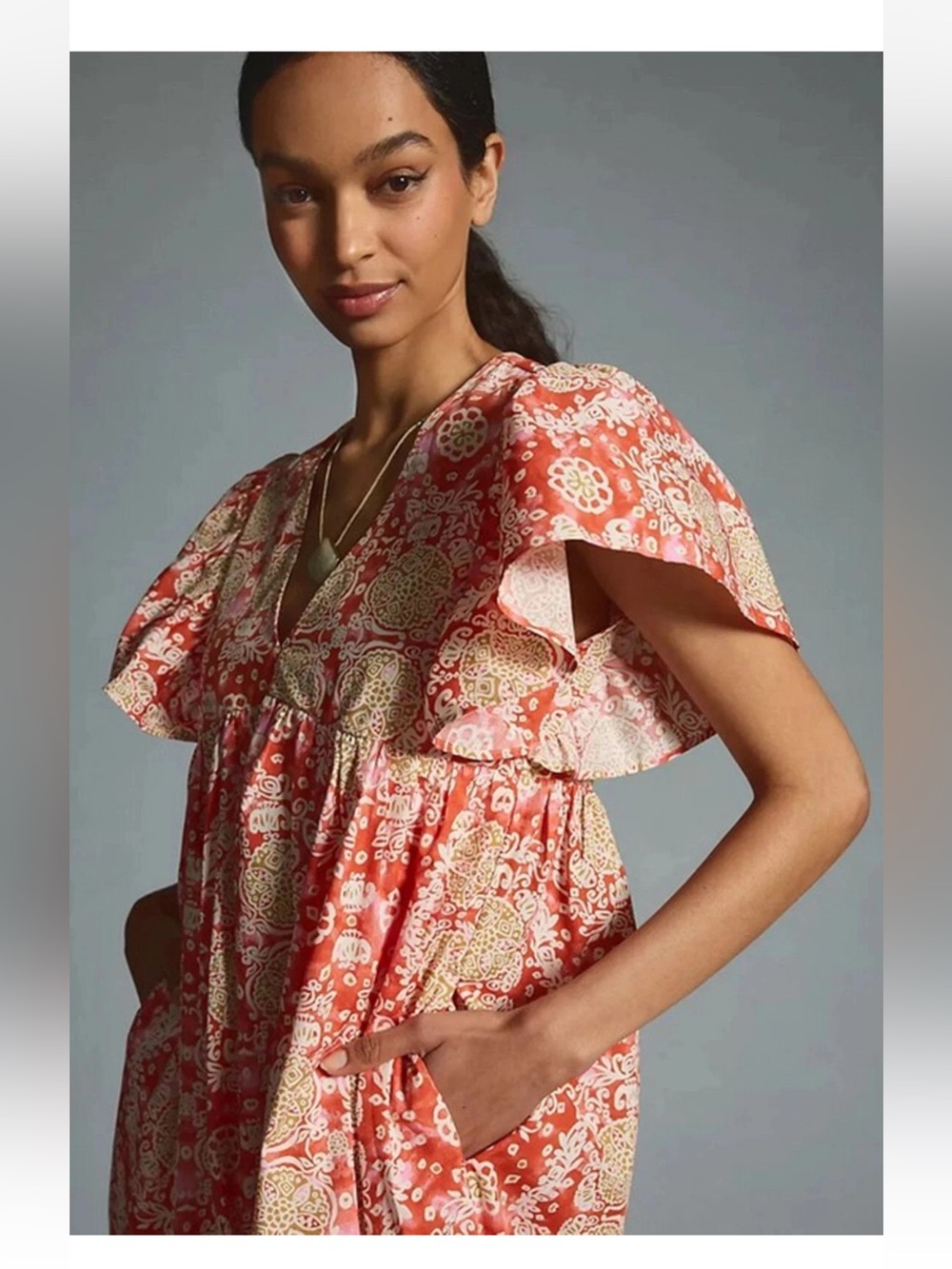 ANTHROPOLOGIE MAEVE FLUTTER DLEEVE BABYDOLL DRESS red pink cream size 2X - Picture 2 of 8